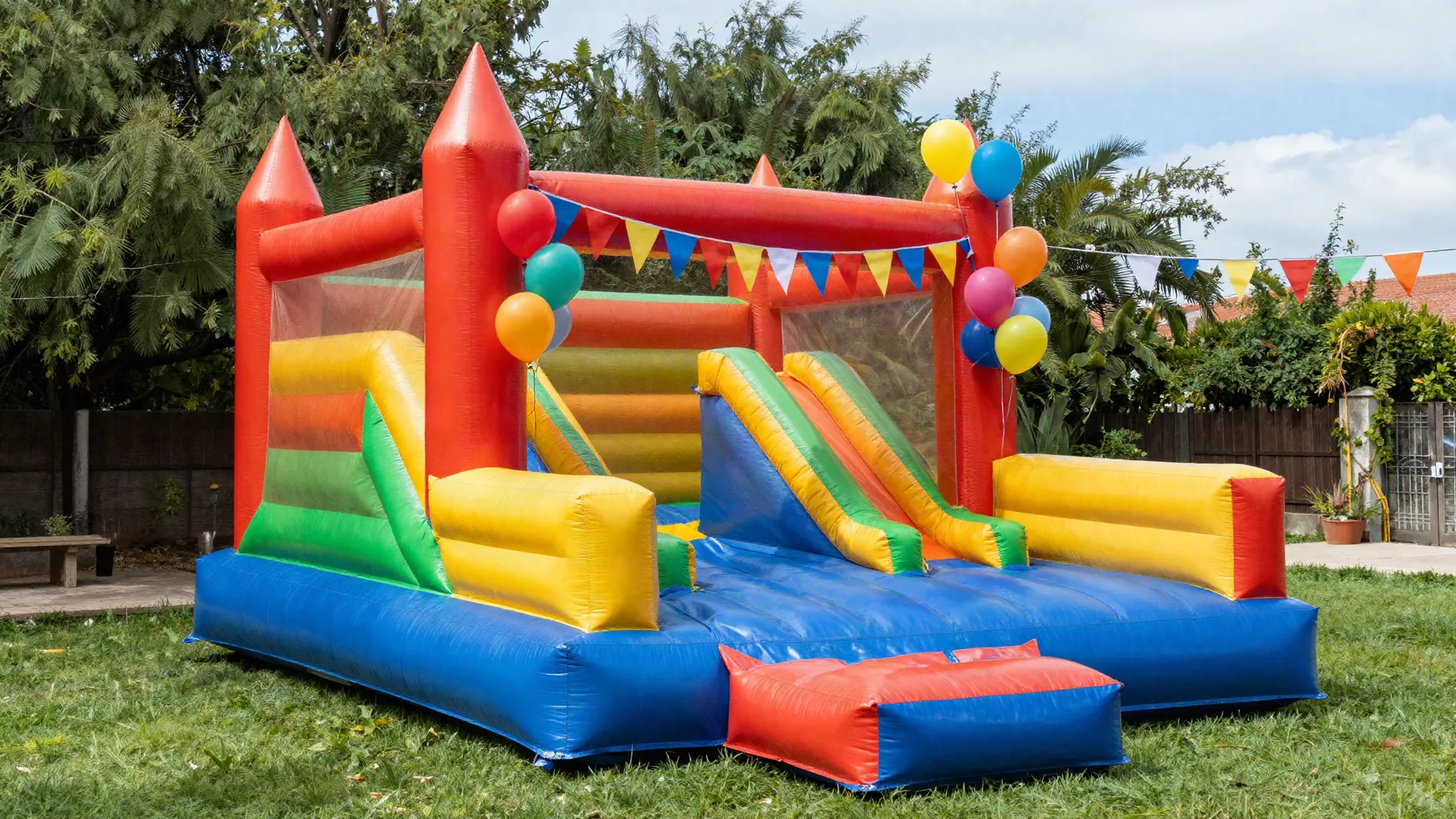 Castillo inflable con tobogán armado en un patio para un cumpleaños (foto ilustrativa)